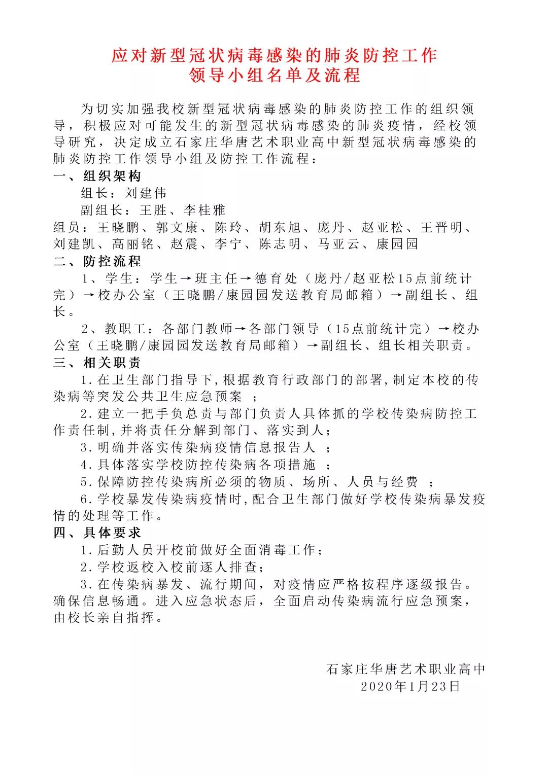 华唐艺术高中｜应对新型冠状病毒感染的肺炎防治工作部署！